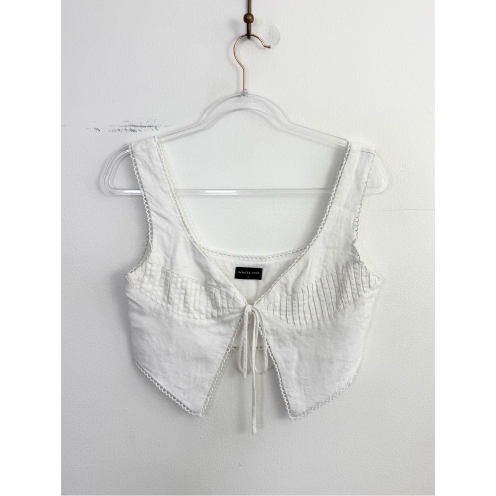 White Fox Linen Blend Tie Front Crop Top White Size M